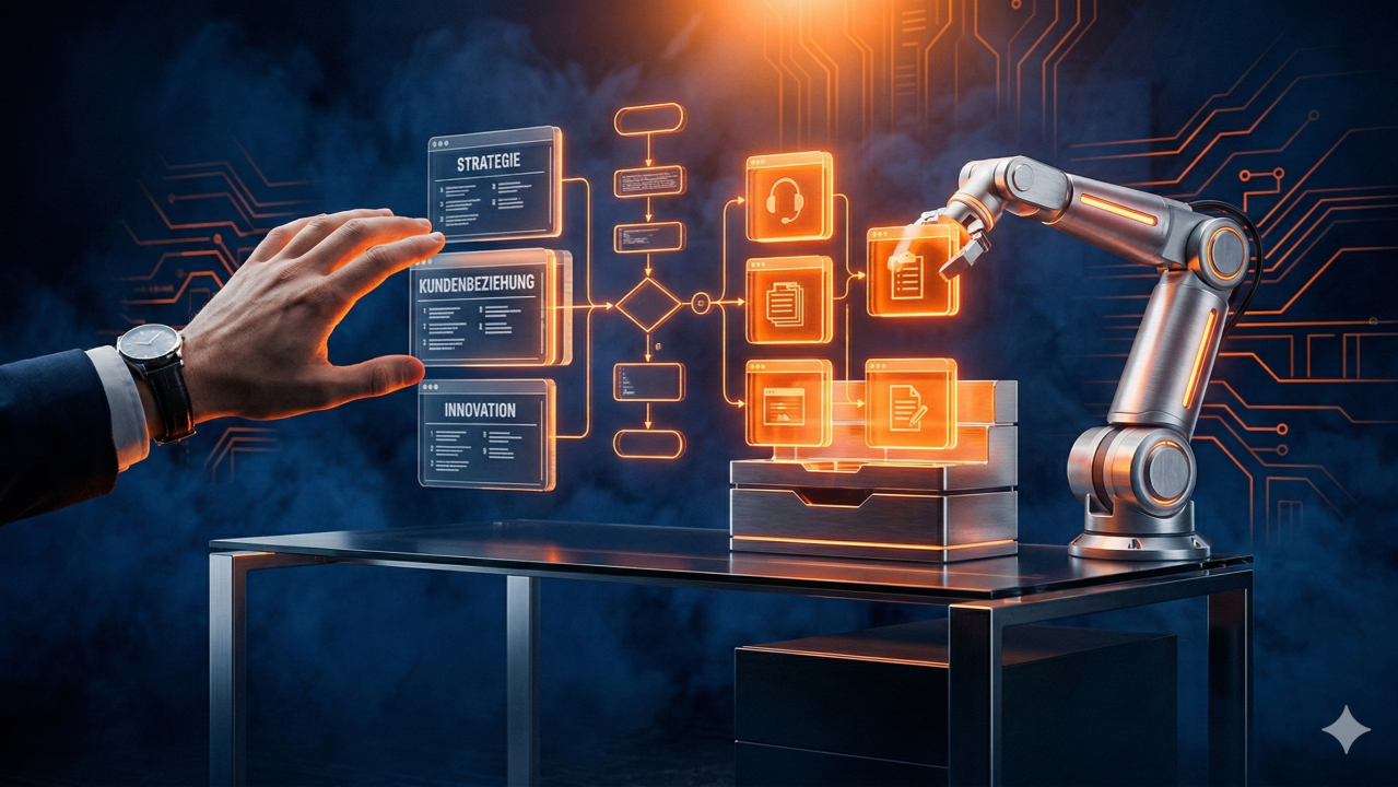 Eine menschliche Hand und ein Roboterarm interagieren gemeinsam an einem Schreibtisch mit holografischen Prozess- und Strategiediagrammen in einer futuristischen IT-Umgebung.